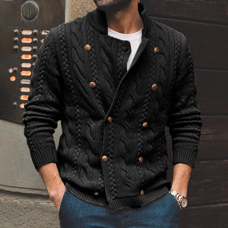 Men's Pure Color Half Collar Double-breasted Knitted Sweater Coat