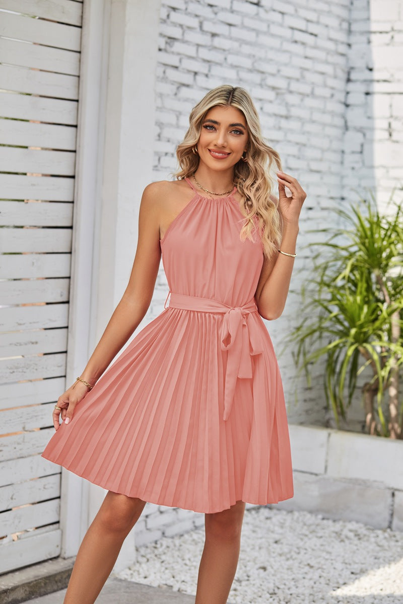 Halter Strapless Dresses For Women Solid Pleated Skirt Summer Beach Sundress - Nuri Shopping