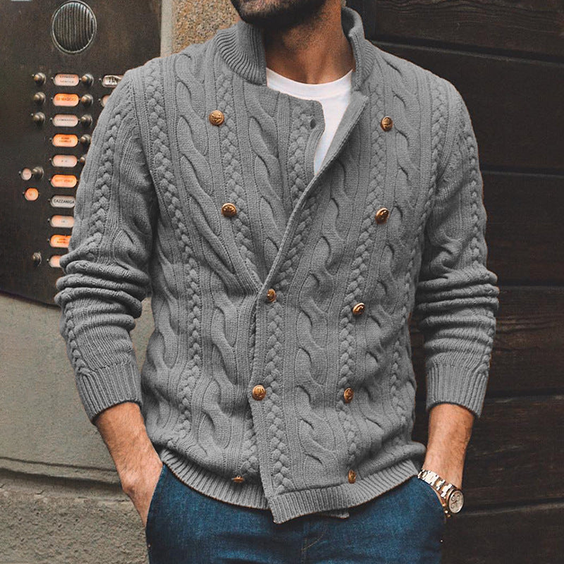 Men's Pure Color Half Collar Double-breasted Knitted Sweater Coat