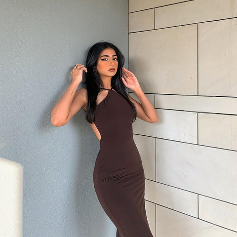 Solid Color Halter Sleeveless Halterneck Dress Long Dress - Nuri Shopping