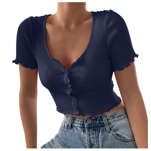 Women Summer Casual Button Crop Top Basic Blue T Shirt Tops