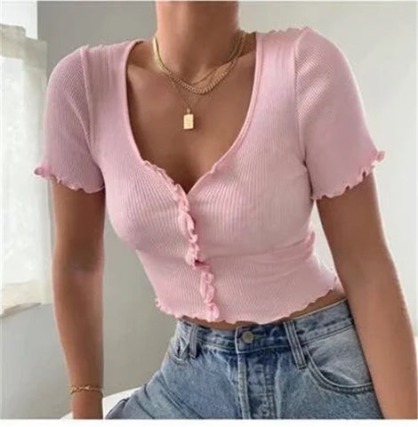 Women Summer Casual Button Crop Top Basic Blue T Shirt Tops