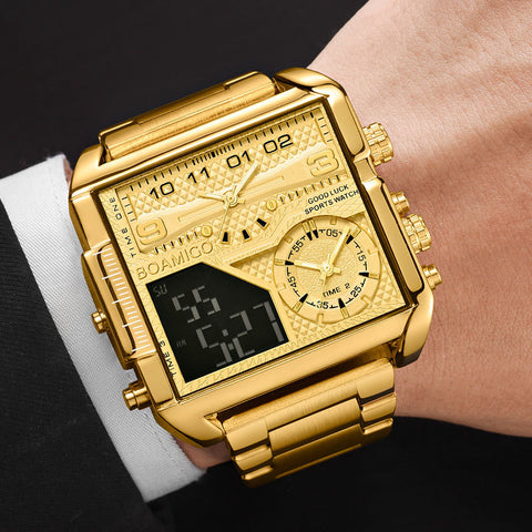 Men Watches Gold Stainless Steel Sport Square Digital Analog Watch for Men