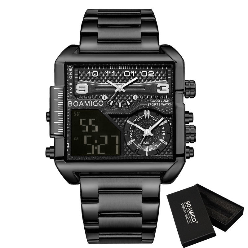 Men Watches Gold Stainless Steel Sport Square Digital Analog Watch for Men