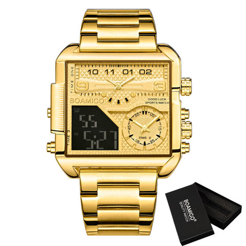 Men Watches Gold Stainless Steel Sport Square Digital Analog Watch for Men