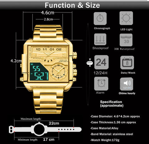 Men Watches Gold Stainless Steel Sport Square Digital Analog Watch for Men