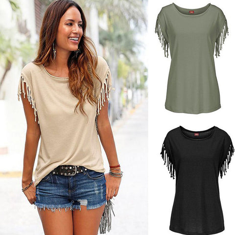 size round neck short sleeve cuffs tassel T-shirt cotton tops