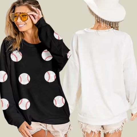 Baseball Sequined Sweater Long Sleeve Top For Women