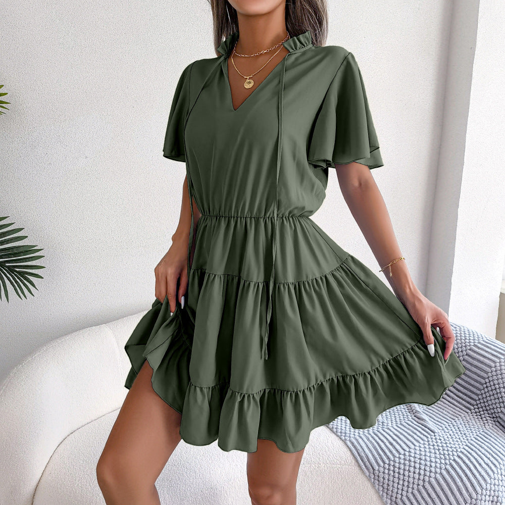 Female Flounced Skirt Ribbon Big Hem A- Line Skirt Solid Color Dress - Nuri Shopping