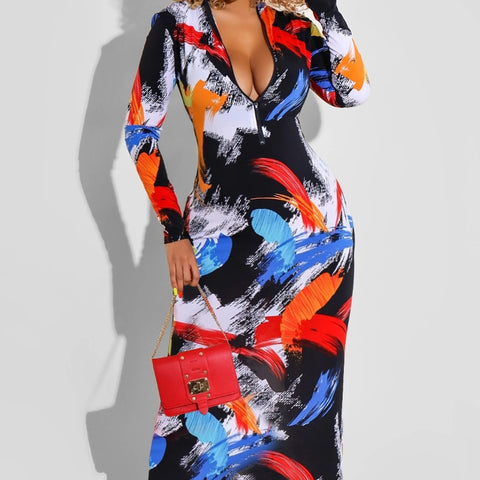 Printed Zipper Double-sided Long Sleeve Dress - Nuri Shopping