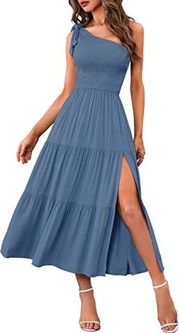 New Summer Fashion Women's One-shoulder Pleated Layered Hem Split Dress - Nuri Shopping