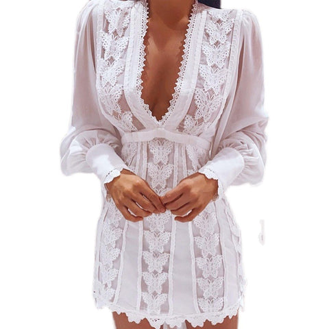 V Neck Lace Dress Long Puff Sleeve Butterfly Dress For Women