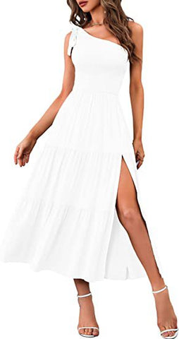 New Summer Fashion Women's One-shoulder Pleated Layered Hem Split Dress - Nuri Shopping