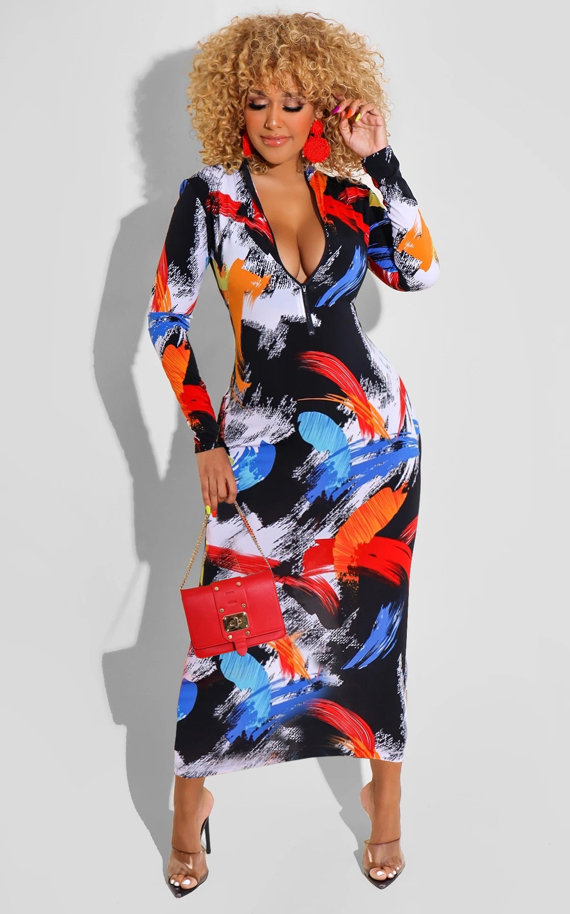 Printed Zipper Double-sided Long Sleeve Dress - Nuri Shopping