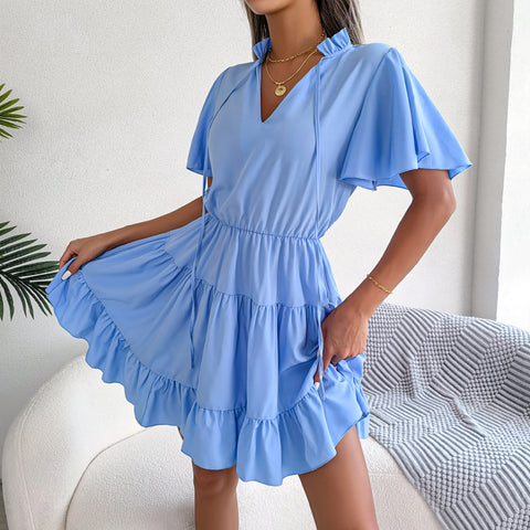 Female Flounced Skirt Ribbon Big Hem A- Line Skirt Solid Color Dress - Nuri Shopping