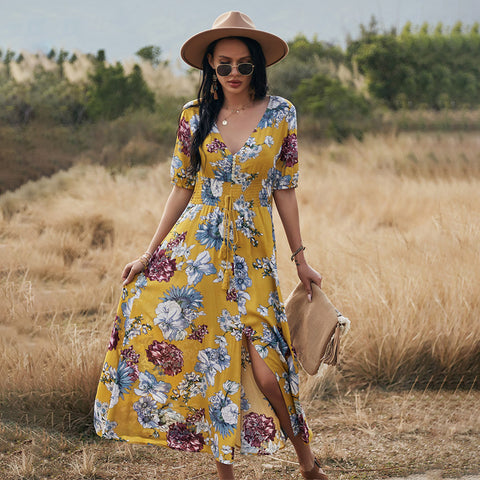 Floral Summer Beach Dress With V Neck Elastic Waist Dresses For Women - Nuri Shopping