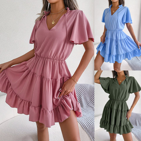 Female Flounced Skirt Ribbon Big Hem A- Line Skirt Solid Color Dress - Nuri Shopping