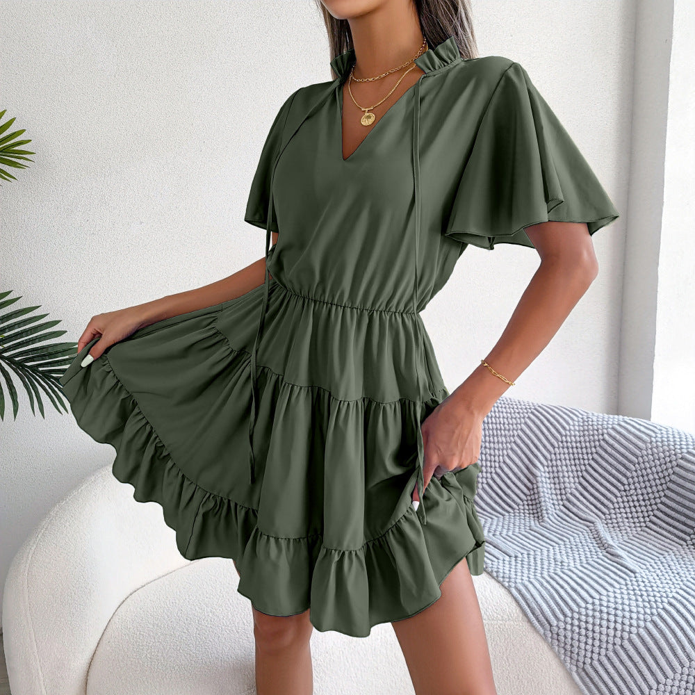 Female Flounced Skirt Ribbon Big Hem A- Line Skirt Solid Color Dress - Nuri Shopping