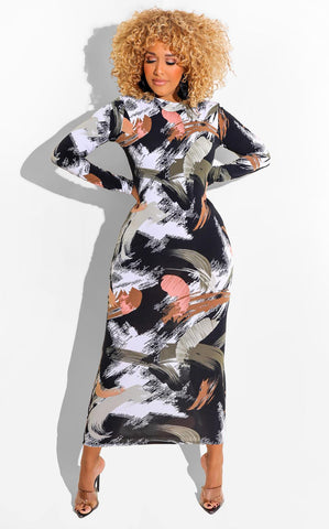 Printed Zipper Double-sided Long Sleeve Dress - Nuri Shopping