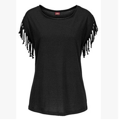 size round neck short sleeve cuffs tassel T-shirt cotton tops