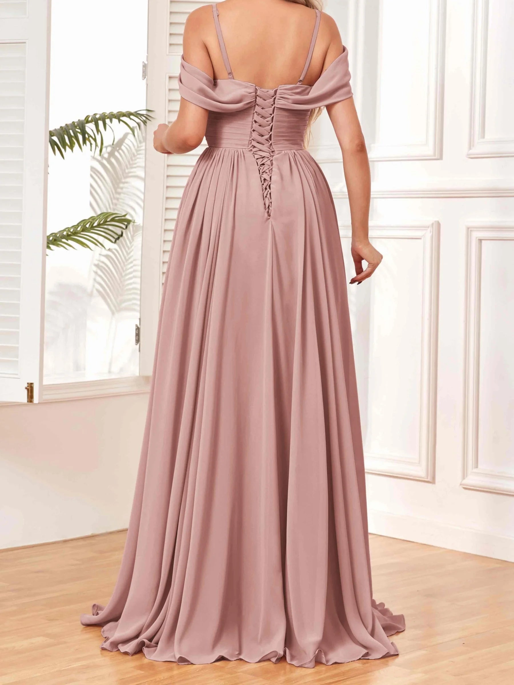 Sweetheart Spaghetti Straps Chiffon Bridesmaid Dresses Off Shoulder Formal Evening Gown With Slit Pleat Wedding Party Dresses