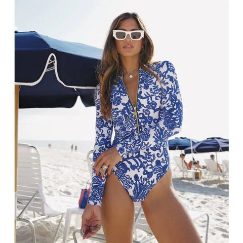 2024 Swimsuit Long Sleeve Zip Blue White One Piece Swimwear Women  Vacation Beachwear Luxury Bathing Suit Bikini surfing suit