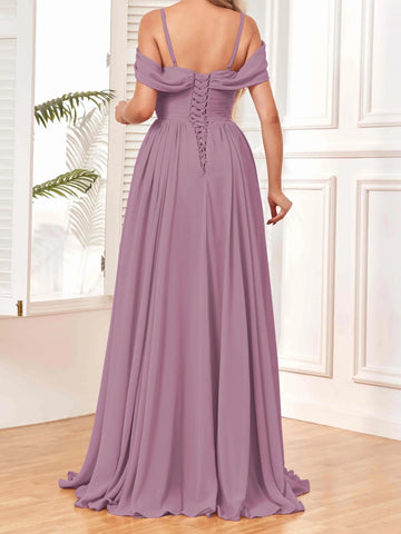 Sweetheart Spaghetti Straps Chiffon Bridesmaid Dresses Off Shoulder Formal Evening Gown With Slit Pleat Wedding Party Dresses