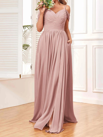 Sweetheart Spaghetti Straps Chiffon Bridesmaid Dresses Off Shoulder Formal Evening Gown With Slit Pleat Wedding Party Dresses