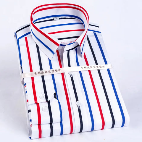 Men's Color Block Striped Wrinkle-Resistant Dress Shirt Long-Sleeve Standard-fit Hidden Button Collar Casual Pure Cotton Shirts