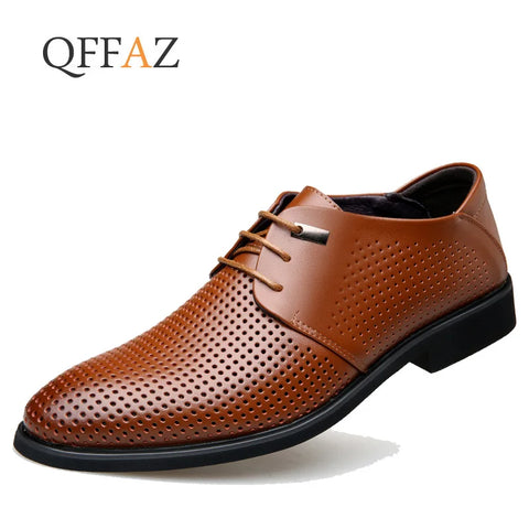 QFFAZ Summer Men Hollow Out Men Formal Shoes Men Genuine Leather Quality Shoes Breathable Men Shoes For Business