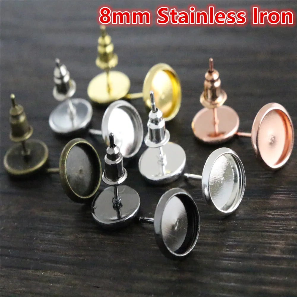 6mm 8mm 10mm 12mm 50pcs/Lot 8 Colors Stainless Copper Material Earring Studs(with Ear plug) Base,Fit 6-12mm Glass Cabochons