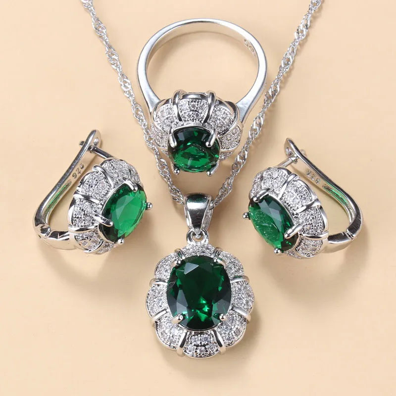 925 Silver Bridal Necklace And Earrings Jewelry Sets For Women Fashion Wedding Green Zircon Charm Bracelet Ring