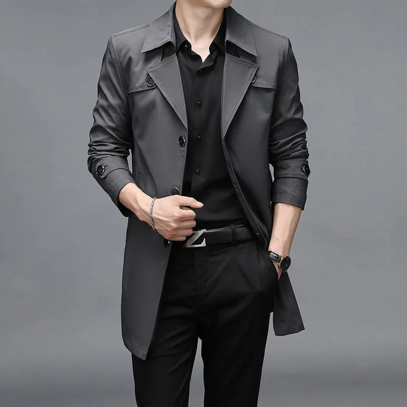 Men Long Trench Coats Hight Quality Button Windbreaker Mens Fashion Turn Down Collar Solid Trench Outerwear Jackets Plus Size