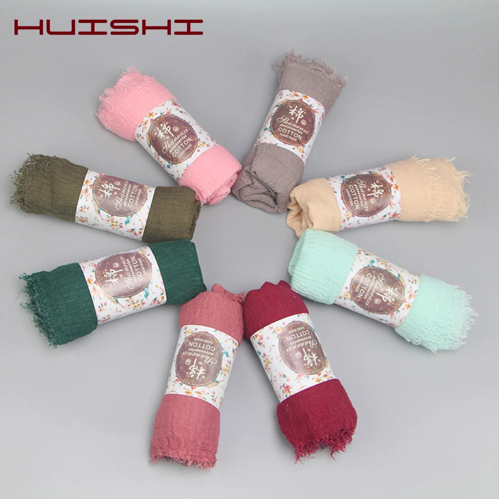 HUISHI Scarf Muslim Women Bubble Cotton Solid Islam Muslim Head Scarf Shawls and Wraps Female Foulard Crinkle Cloud Hijab