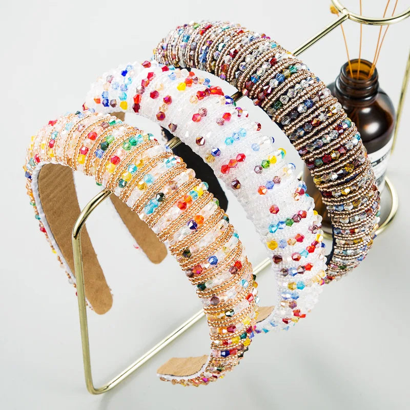 Luxury Full Diamond Hand-woven Beaded Headband Fashion Hair Accessories Female Baroque Sponge Headband Hair Hoop Headwear Woman