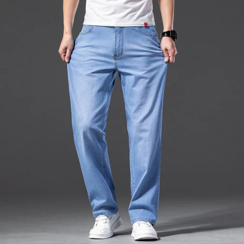 Spring Summer Men's Loose Straight Lightweight Jeans High Quality Stretch Pants Cotton Thin Denim Classic Brand Trousers 40 42