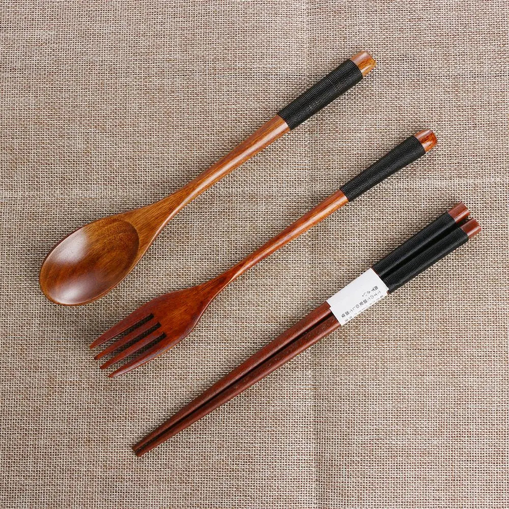 Japanese Style Wooden Cutlery Sets Spoon Fork Chopsticks Portable Tableware Travel Dinnerware Suit with Cloth Pack Birthday Gift