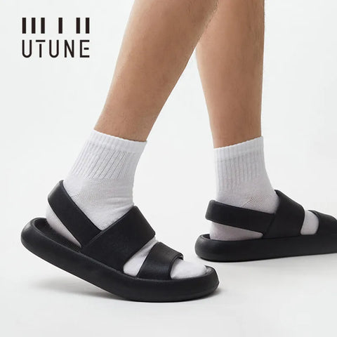 UTUNE Men's Sandals Summer Platform Shoes Women Beach Outside EVA Slippers Man Soft Thick Sole Non-slip Indoor Slides Cool Black