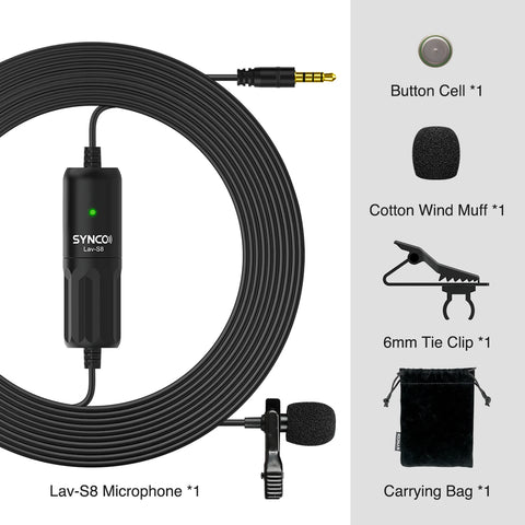 SYNCO Lav-S8 Professional Lavalier Microphone Clip-on Omnidirectional Lapel Mic Noise Reduction Auto-Pairing 8M Long Cable