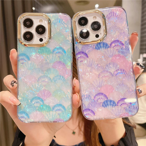 Cute Colorful Mermaid Scales Rainbow Shell Flower Phone Case for iPhone 15 14 13 12 Pro Max Leopard Print Hard Silicon Cover