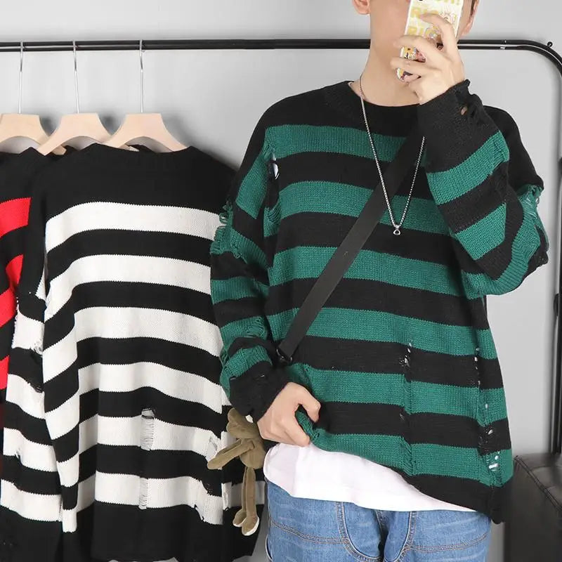 Black Stripe Sweaters Destroyed Ripped Sweater Men Pullover Hole Knit Jumpers Men Oversized Sweatshirt Harajuku Long Sleeve Tops