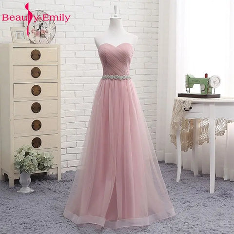 Beauty-Emily V Neck Bridesmaid Dresses Long for Wedding Elegant A Line Tulle Pink Party Gowns for Wedding Guests Prom Dress