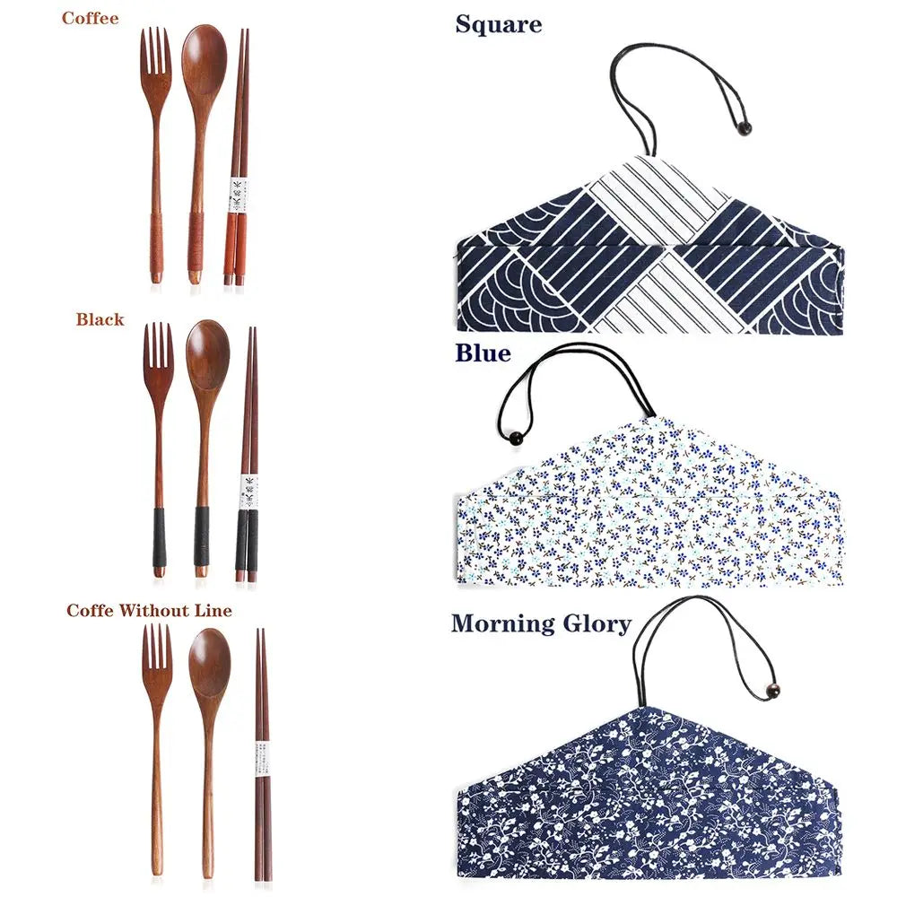 Japanese Style Wooden Cutlery Sets Spoon Fork Chopsticks Portable Tableware Travel Dinnerware Suit with Cloth Pack Birthday Gift