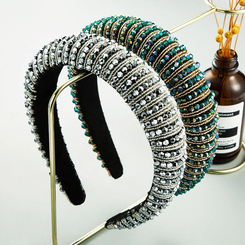 Luxury Full Diamond Hand-woven Beaded Headband Fashion Hair Accessories Female Baroque Sponge Headband Hair Hoop Headwear Woman