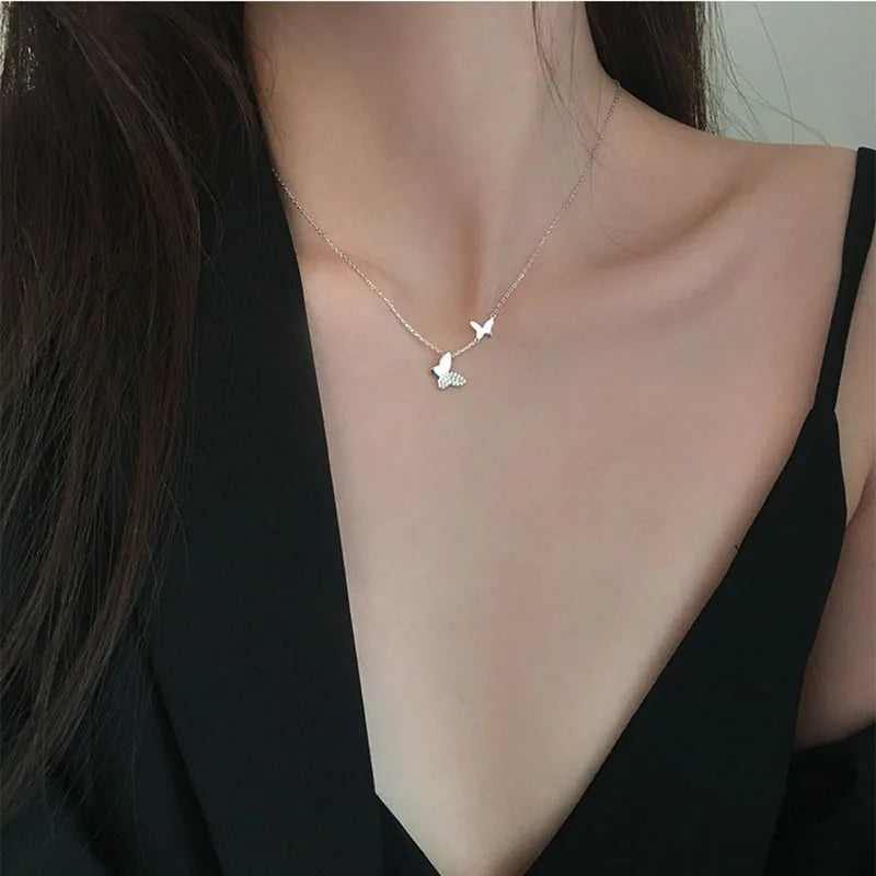 XIYANIKE Silver Color  Double Butterfly Pendant Necklace INS Simple Clavicle Chain Temperament High Quality Jewelry Female