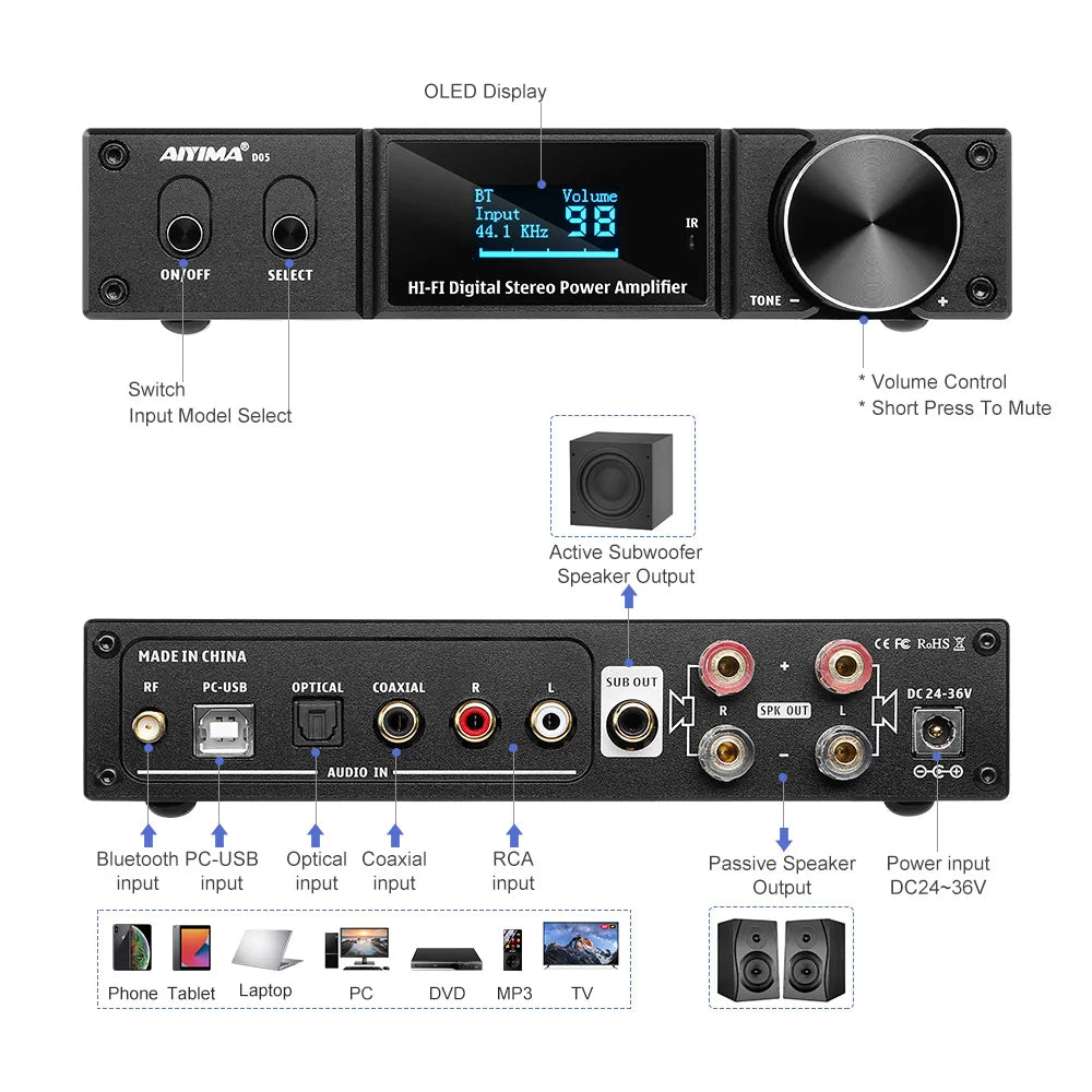 AIYIMA D05 5.0 Bluetooth Sound Amplifier 120W×2 HIFI 2.1 Channel Digital Power Amplifiers Subwoofer Amp USB DAC OLED Remote APTX