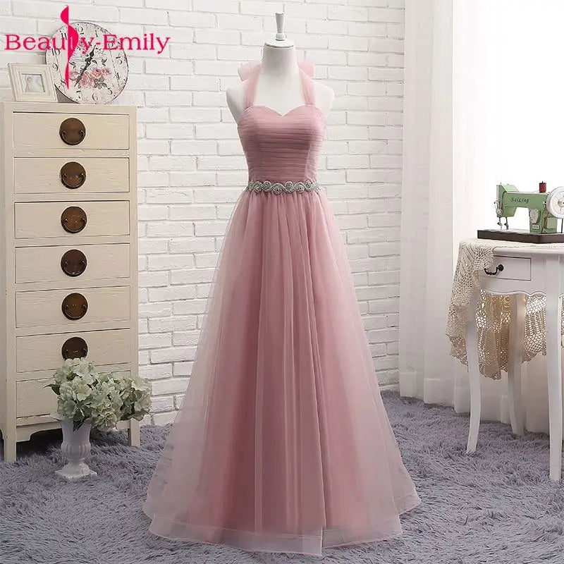 Beauty-Emily V Neck Bridesmaid Dresses Long for Wedding Elegant A Line Tulle Pink Party Gowns for Wedding Guests Prom Dress