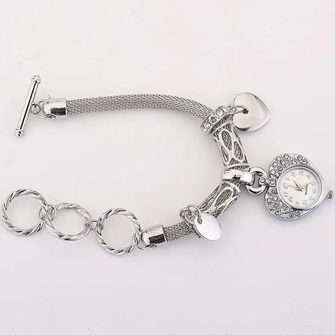 2024 Cute Golden Silver Heart Bracelet Watch INS Style Girl Women Heart Steel Band Bracelet Lover Watch Gift for Girlfriend