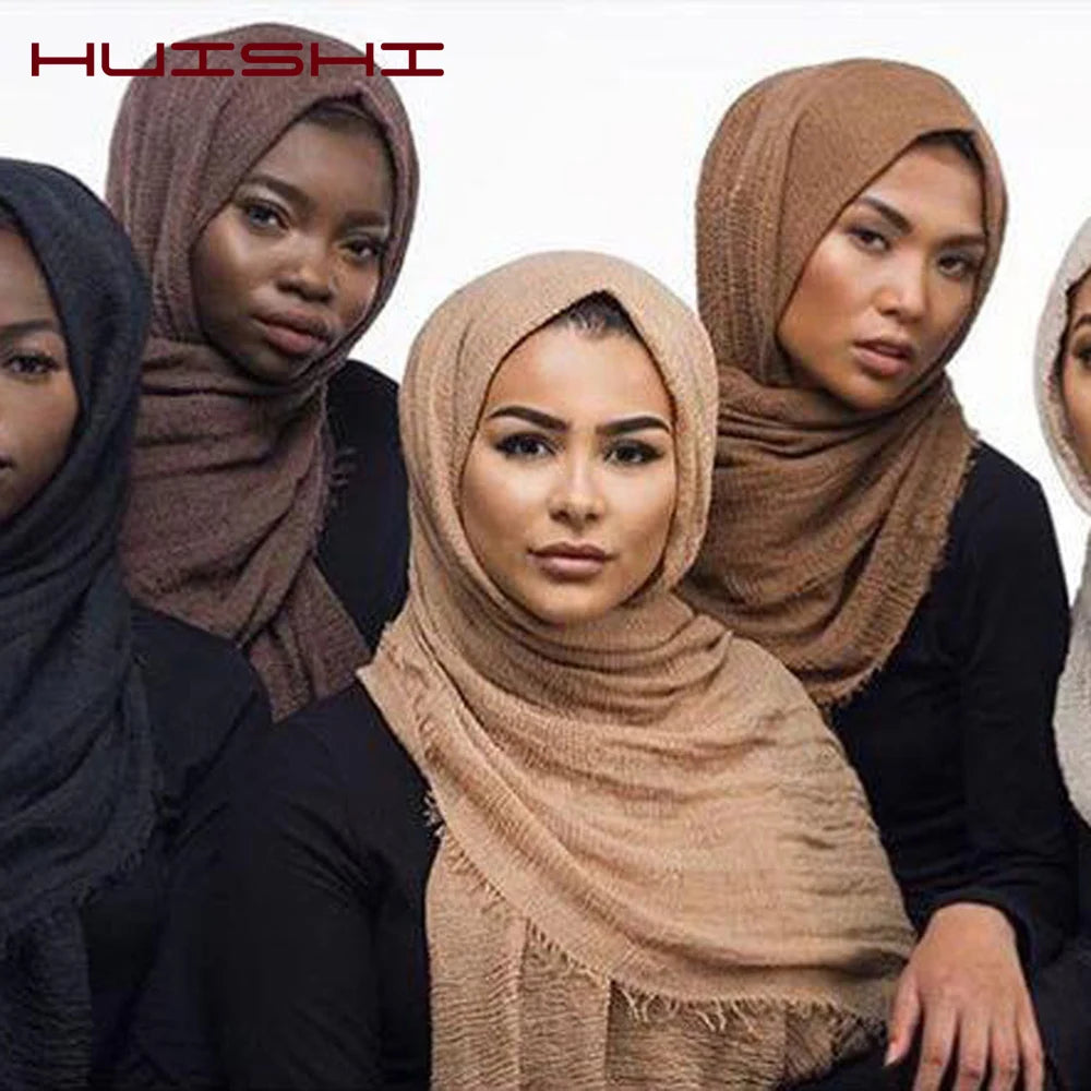 HUISHI Scarf Muslim Women Bubble Cotton Solid Islam Muslim Head Scarf Shawls and Wraps Female Foulard Crinkle Cloud Hijab