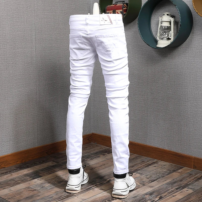 Summer Men's White Jeans Casual Cotton Slim Fit Straight Pants Mens Fashion Streetwear Ripped Patches Denim Trousers